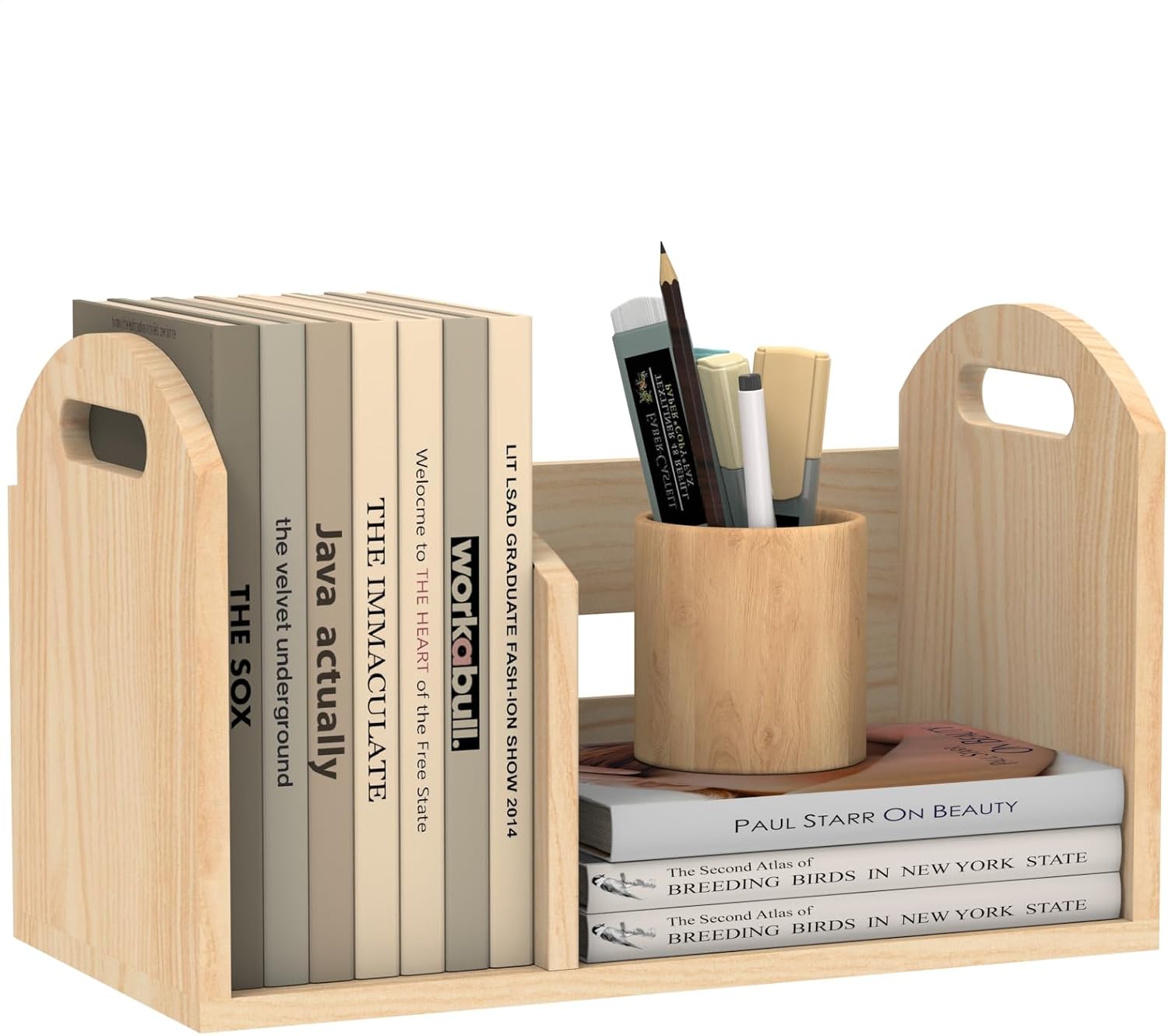 Wood Desktop Bookshelf, Upright Tabletop Book Shelf with Adjustable Divider