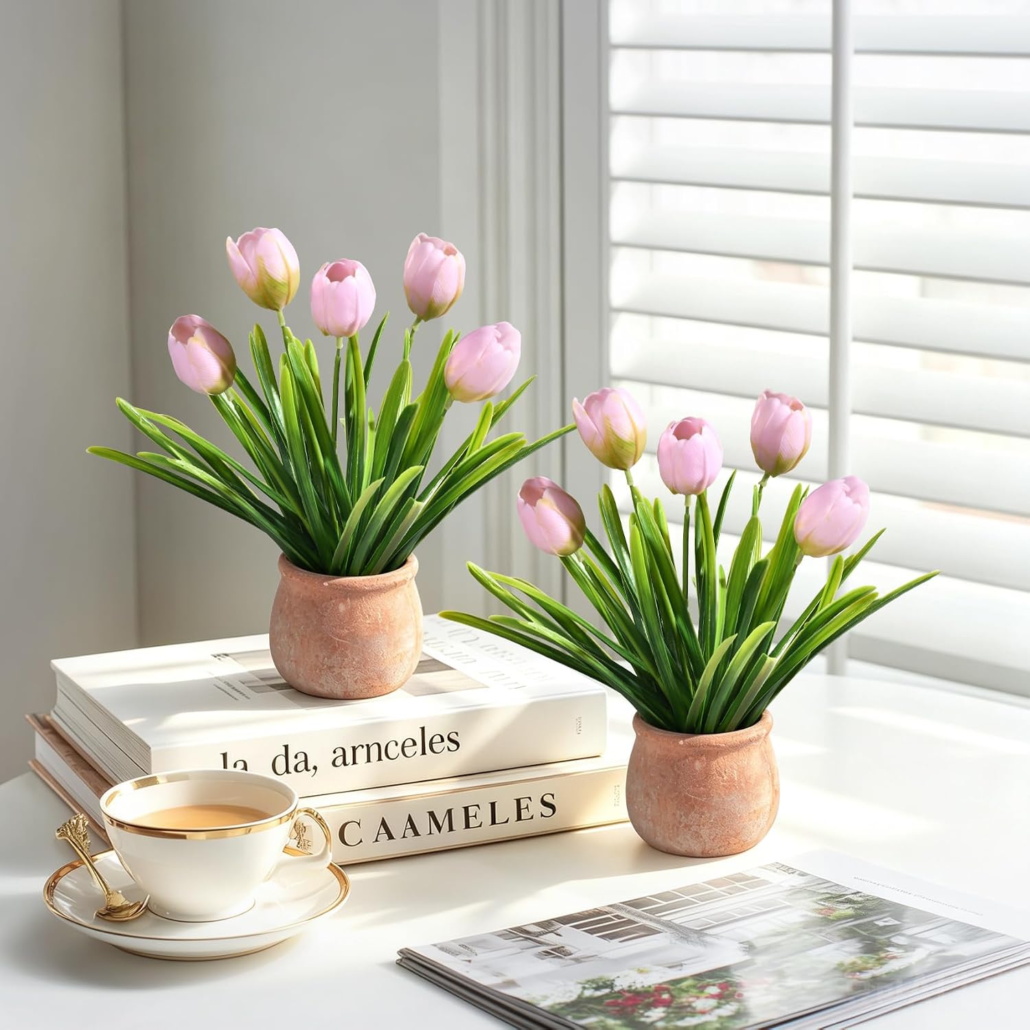 Small Artificial Tulip Potted Plants, 2 Pack, Mini Faux Flowers