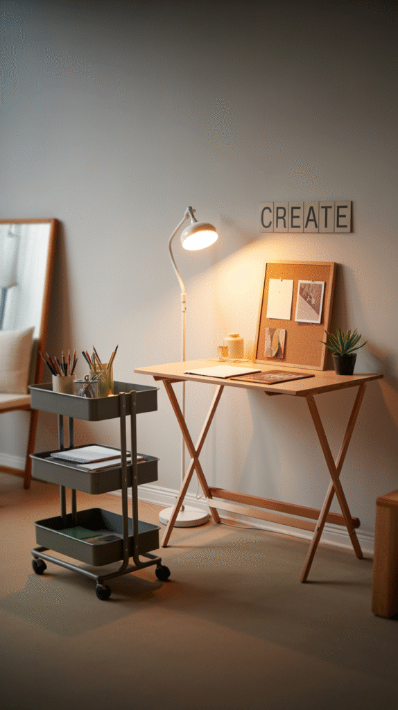 Flexible home office setup with modular furniture on casters