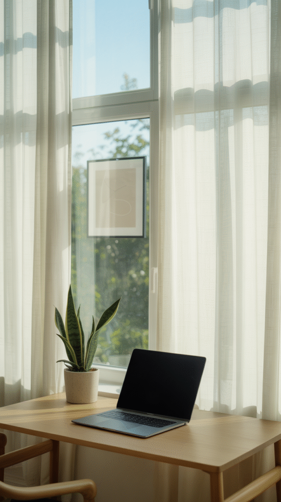 Home office bathed in natural light from a large window