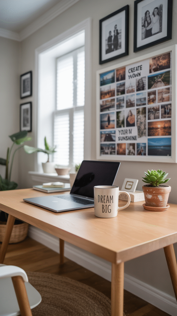 Home office desk styled with personal decor touches