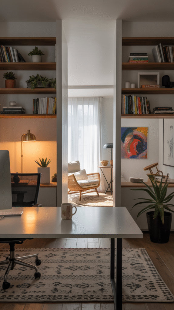 Home office with sleek tech setup including wireless charging and cable management