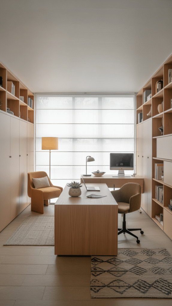 Home office zoned within a multi-use room using a room divider