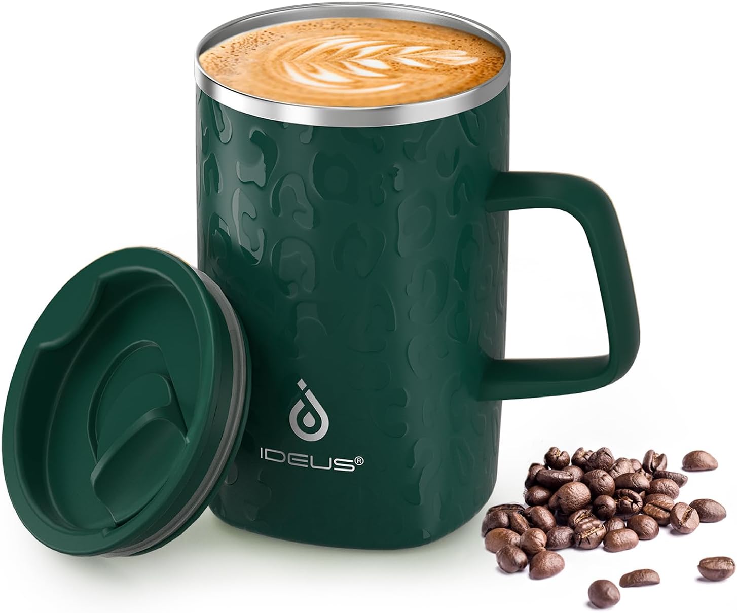 Ideus 16 Oz Insulated Coffee Mug with Lid and Handle, Dark Green