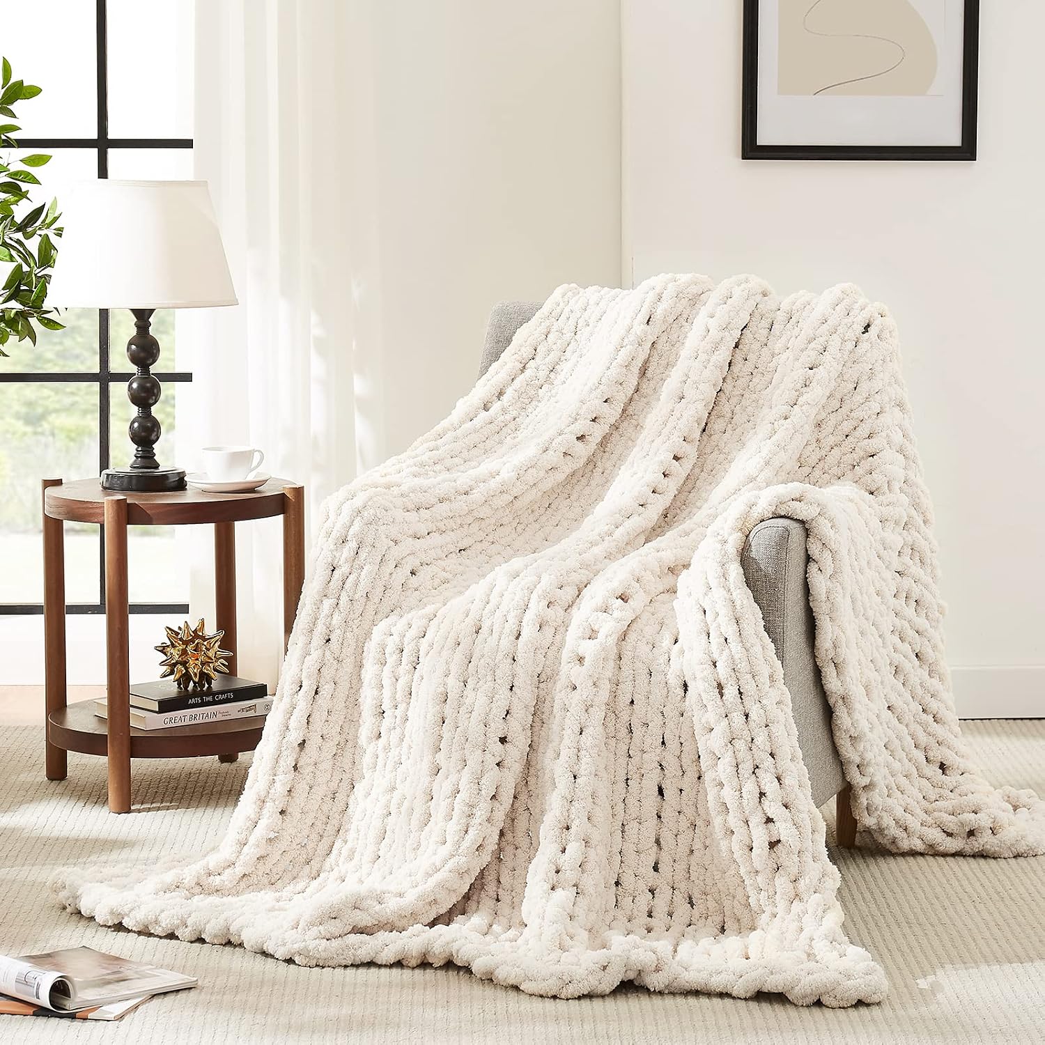 L'AGRATY Chunky Knit Throw Blanket for Couch, 60 x 80 Inch, Ivory