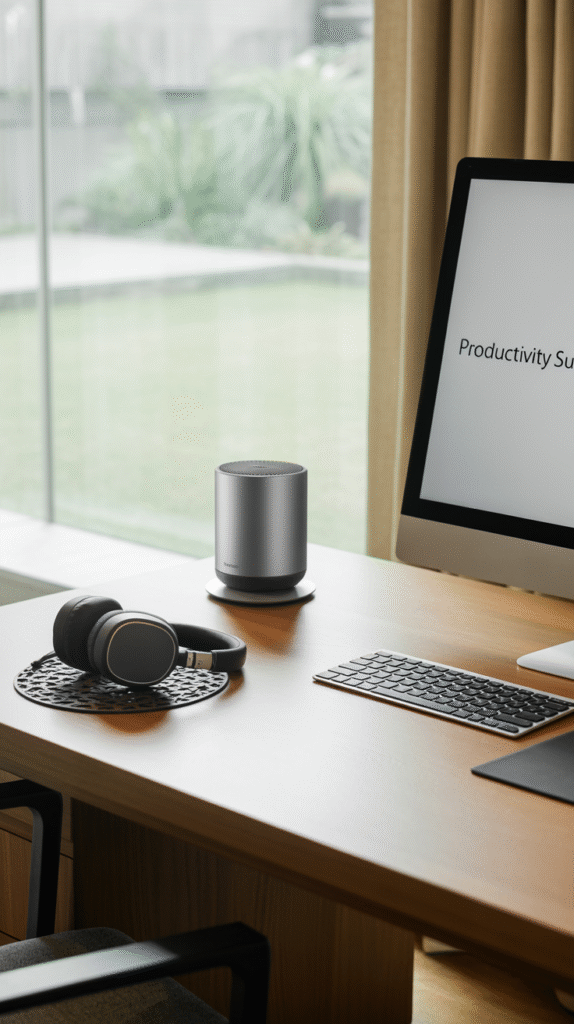 Desk with noise-canceling headphones, a small speaker and a monitor beside a wireless keyboard near a window