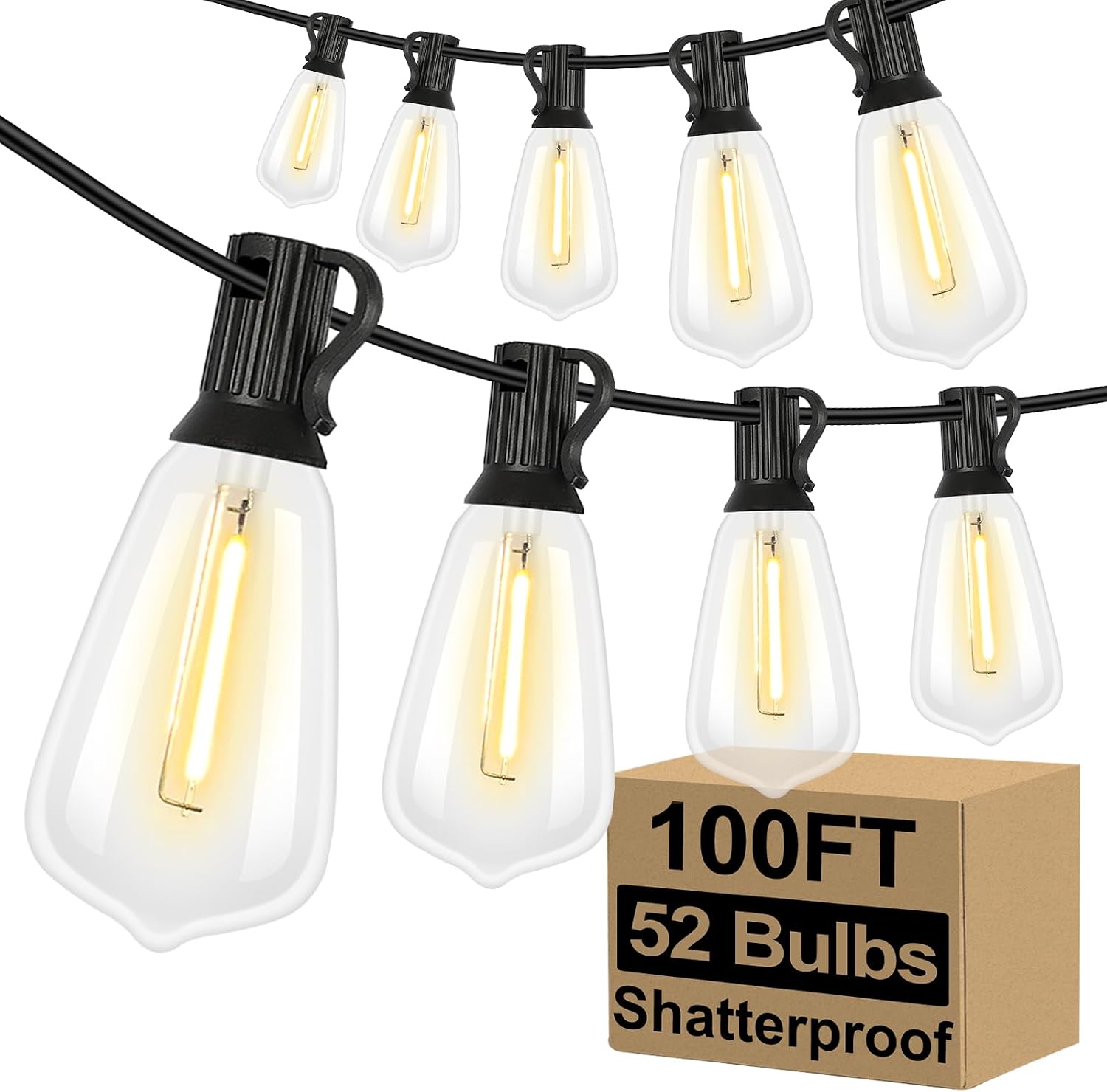 Brightever 100 Ft Outdoor String Lights, 52 Shatterproof Bulbs, Waterproof