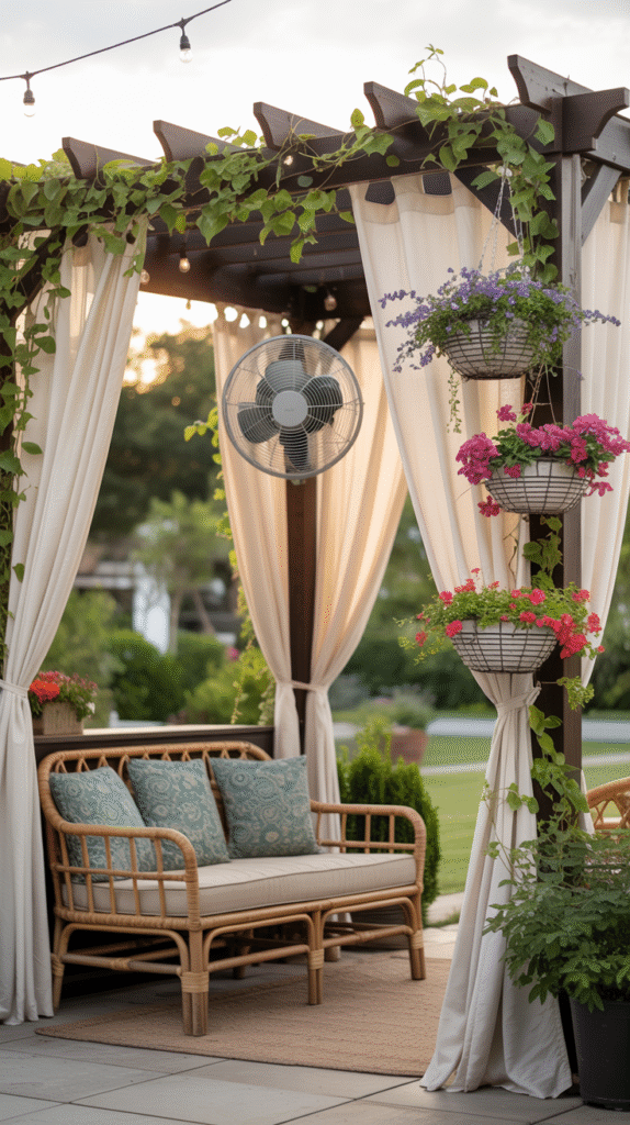 Pergola enhanced with string lights and climbing plants
