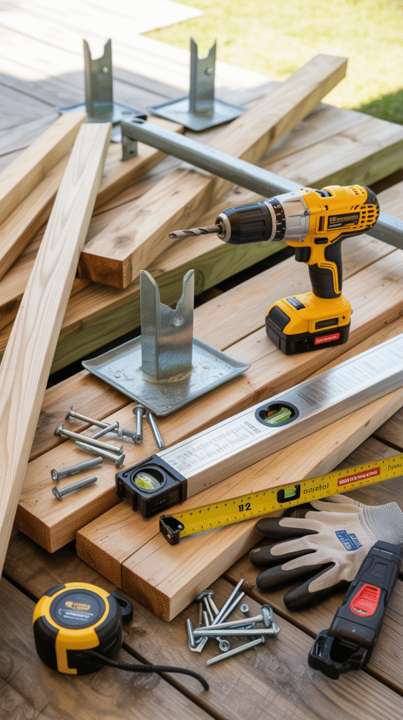Essential tools and materials gathered for a pergola build