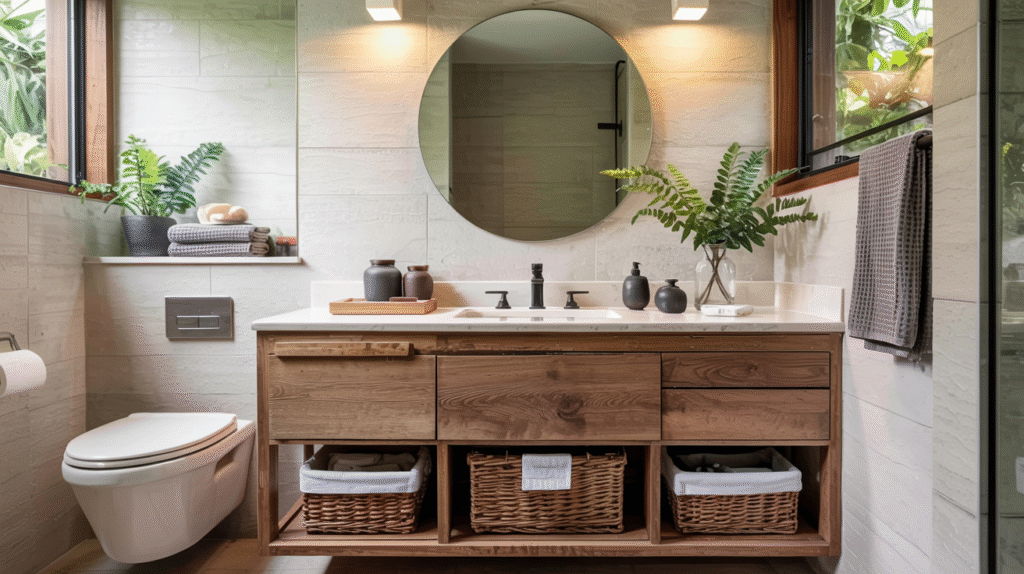 Japandi bathroom with calm, concealed storage solutions