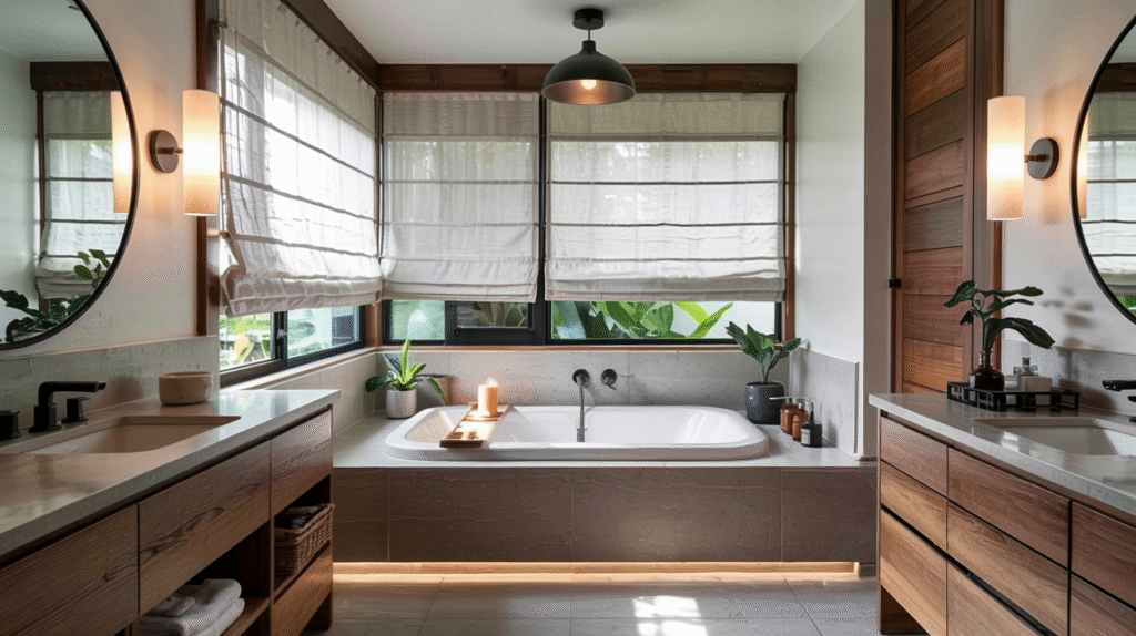 Layered lighting design creating mood in a Japandi bathroom