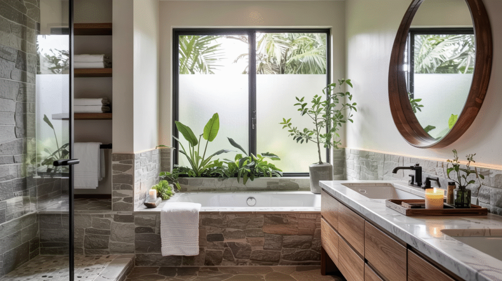 Japandi bathroom prioritizing abundant natural light