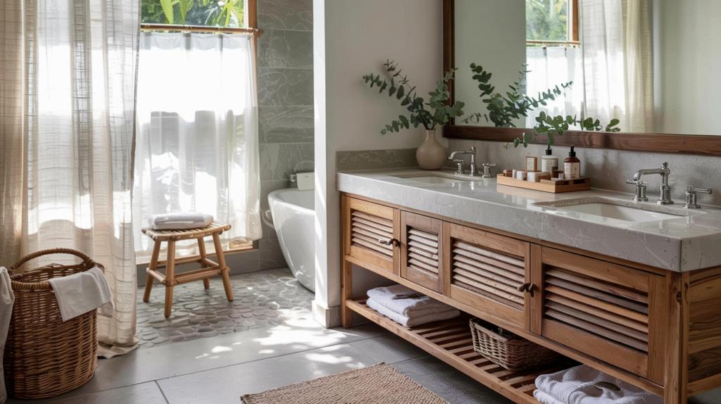 Japandi bathroom featuring authentic natural materials throughout