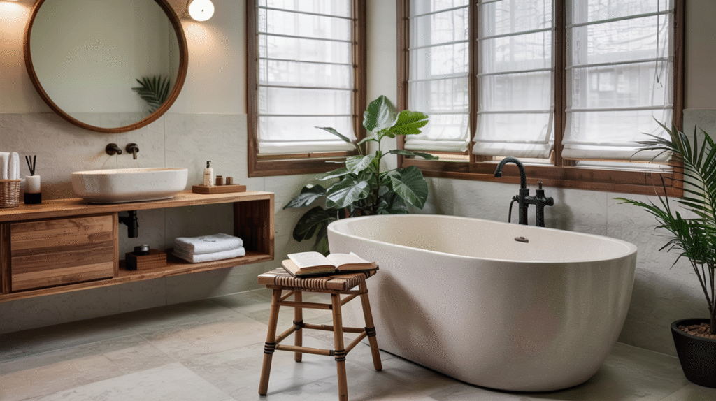 Organic and imperfect shapes bringing balance to a Japandi bathroom
