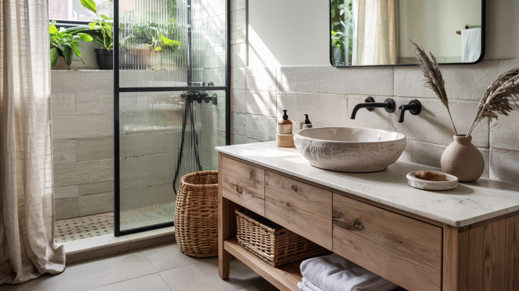 Subtle texture adding depth to a serene Japandi bathroom