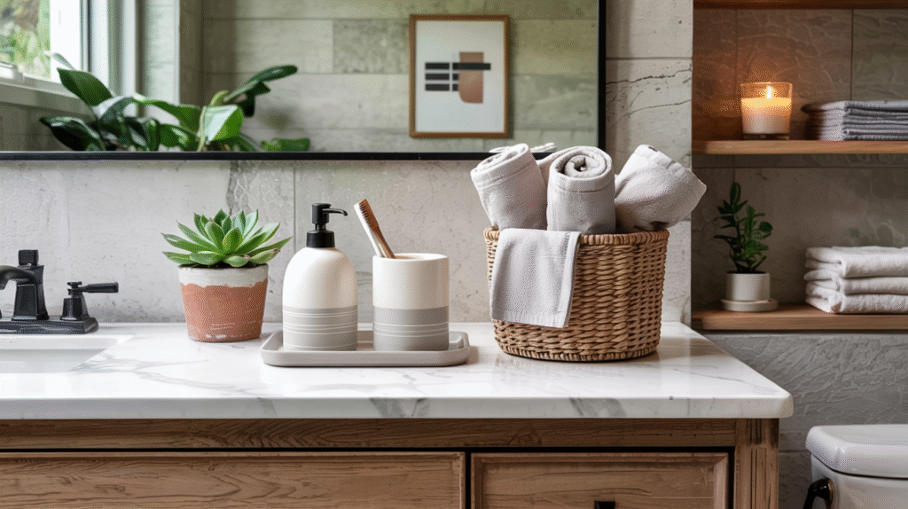Thoughtfully chosen accessories completing a Japandi bathroom design