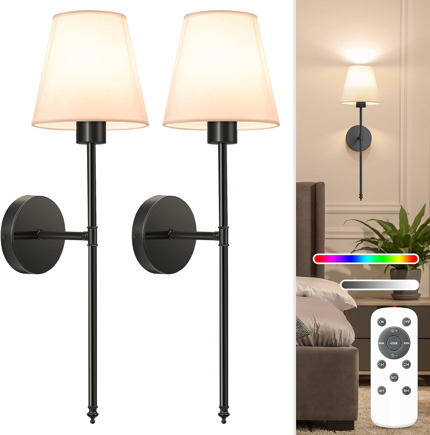 NIORSUN Rechargeable Battery Operated Wall Sconces, Set of 2, Black, Dimmable