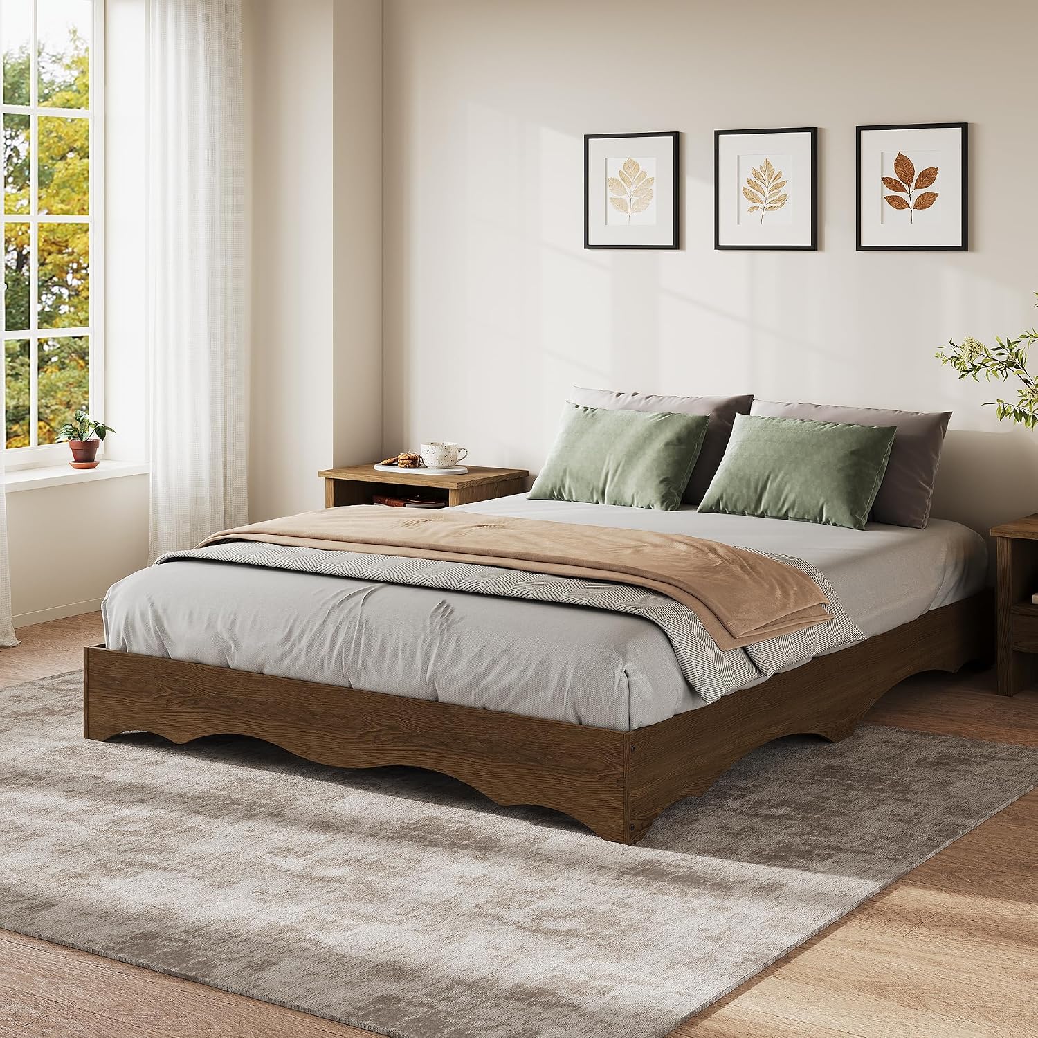 Japanese-Inspired Low Profile Wood Platform Bed Frame with Wavy Edge