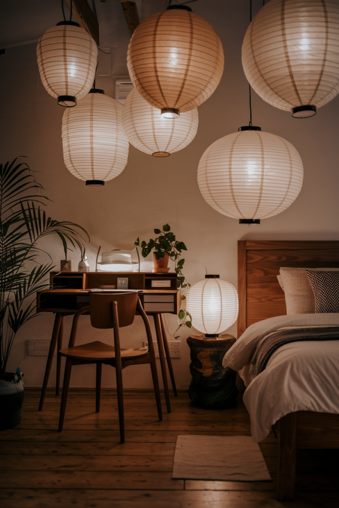Soft diffused lighting creating a calming Japandi glow