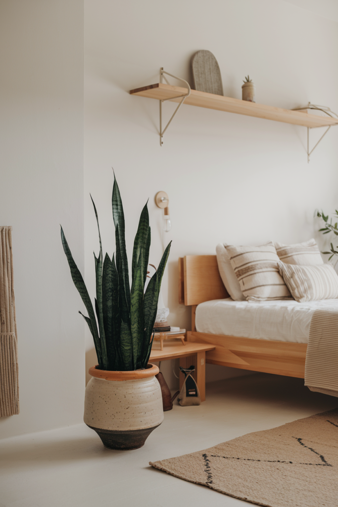 A single plant bringing life to a minimal Japandi bedroom