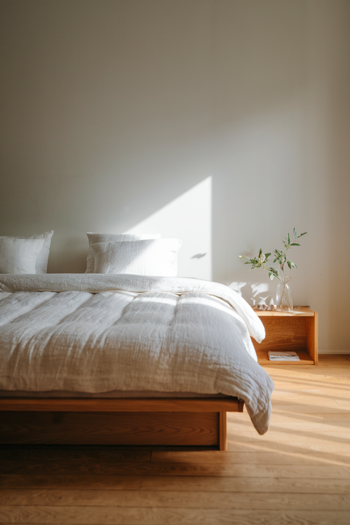 Low-profile bed frame grounding a Japandi bedroom