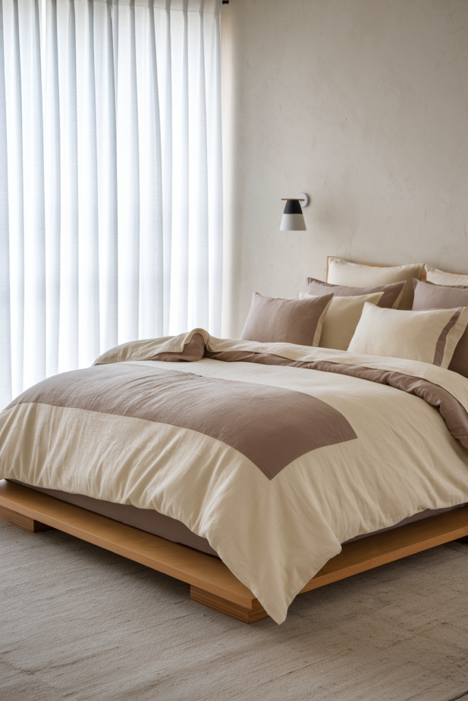 Neutral bedding reinforcing a calm Japandi color palette