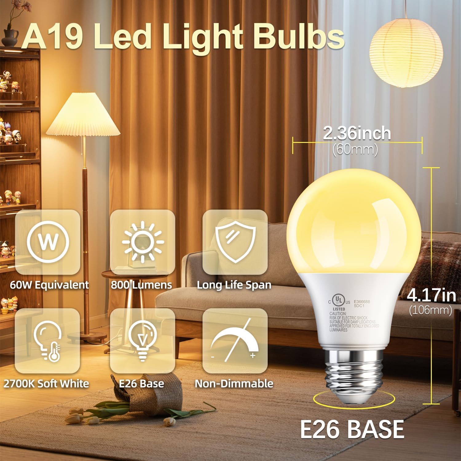 TJOY 6 Pack A19 LED Light Bulbs, Soft Warm White 2700K, 60 Watt Equivalent