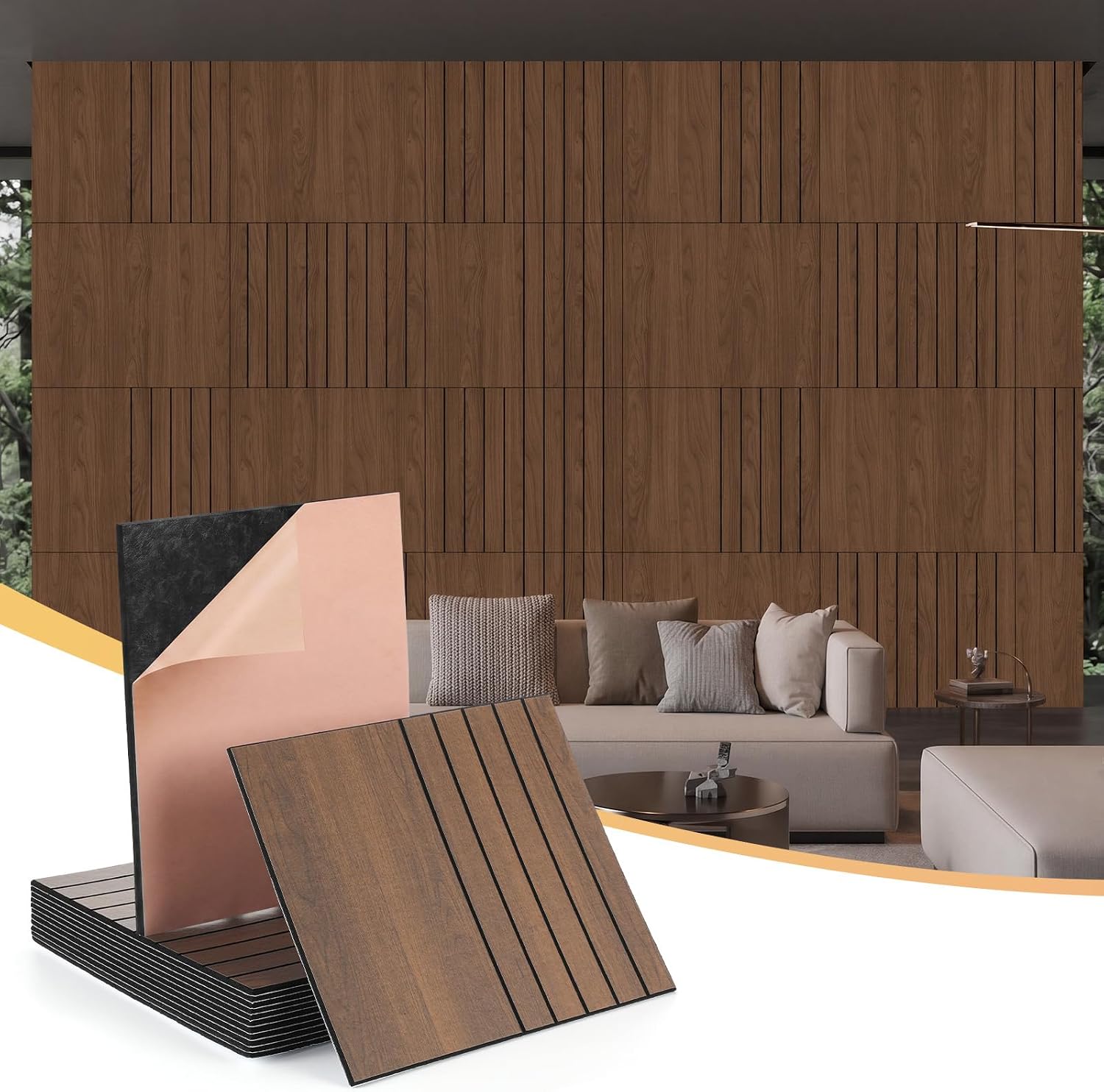 Peel and Stick 3D Wall Panels, 21 Pcs, Fluted Wood Slat, Walnut