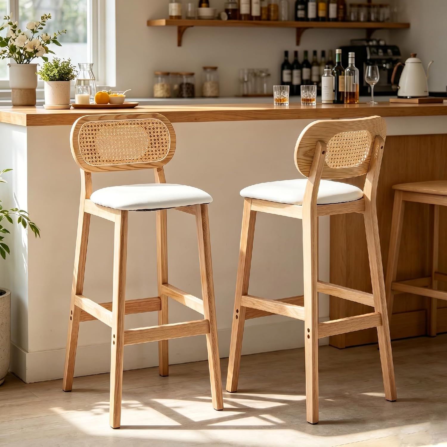 XUDREZ Rattan Counter Height Bar Stools, Set of 2, Farmhouse Wood with Cane Back