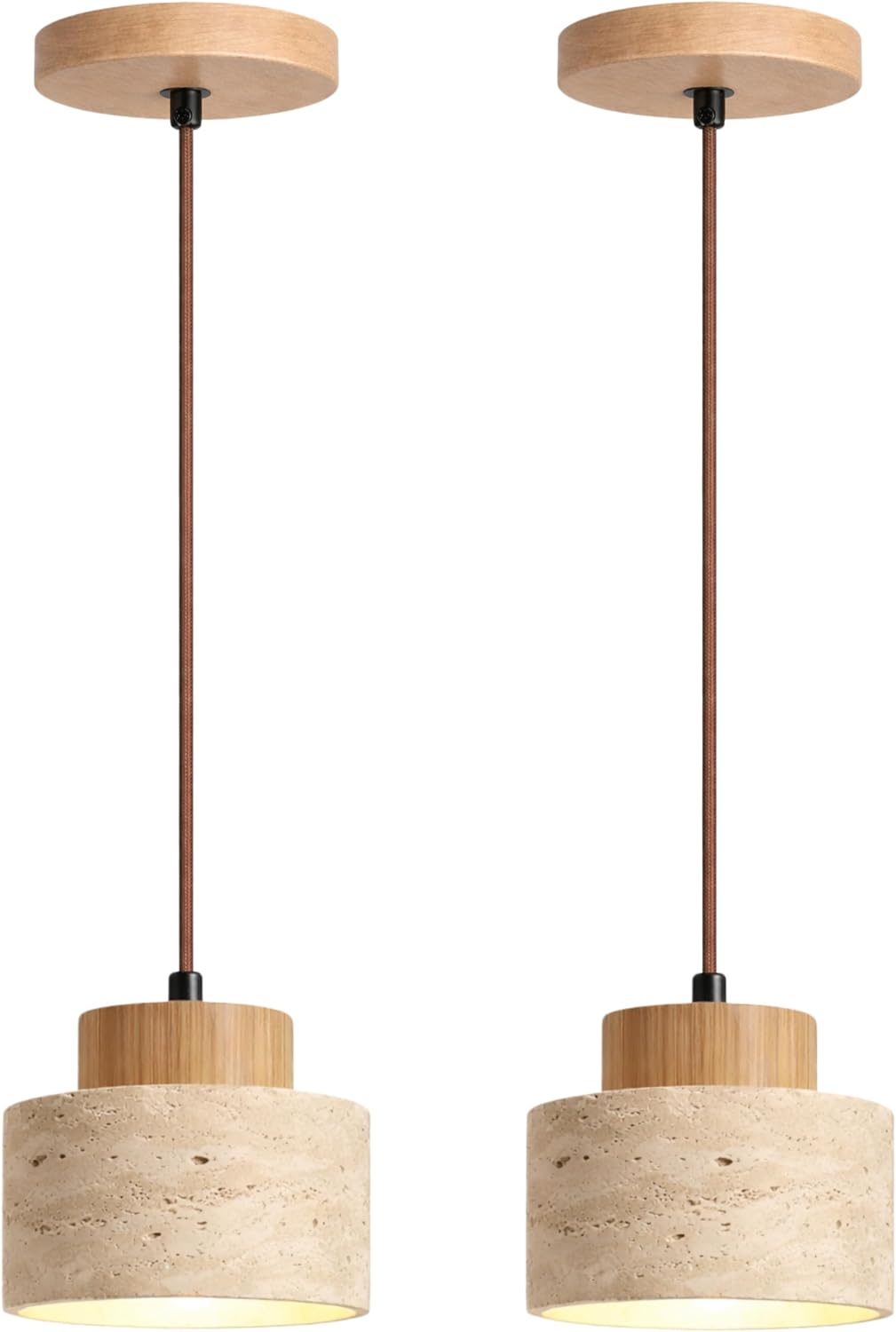 Natural Travertine Stone Pendant Light with Wood Accent, Farmhouse Rustic