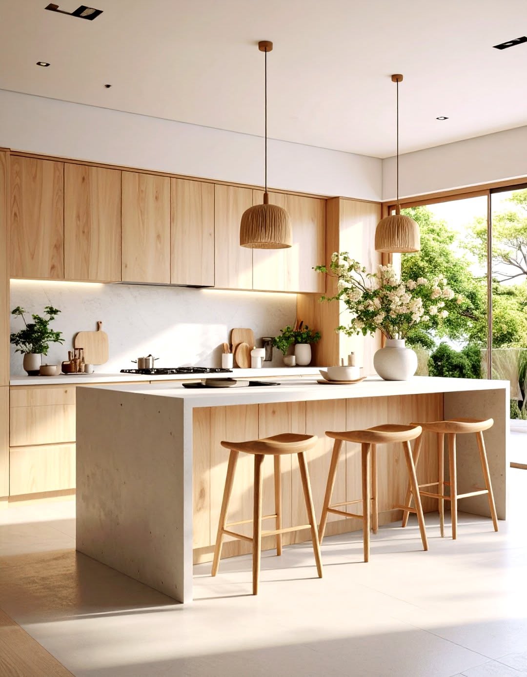 Airy kitchen island with wood stools open to a garden through glass doors, styled with just one vase of white flowers