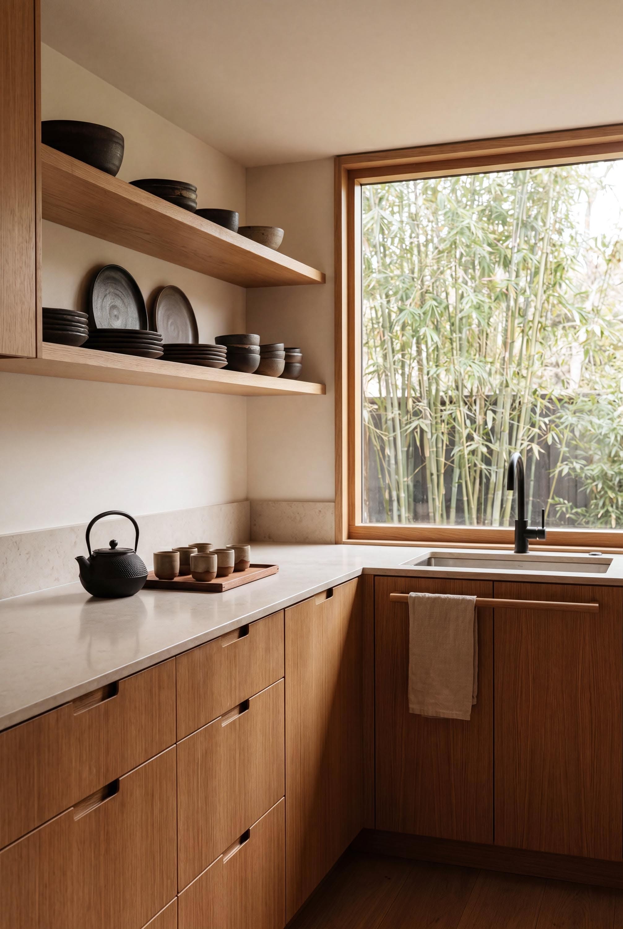 Open wood shelves displaying handmade charcoal ceramic bowls and plates beside a cast iron teapot and tea cups