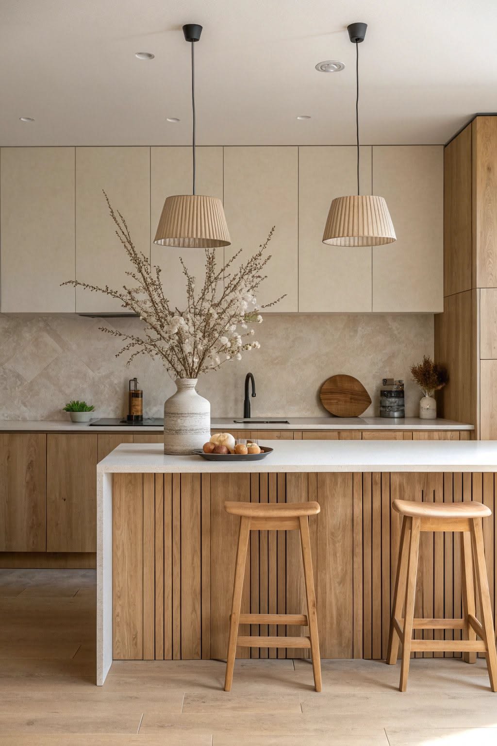 Japandi kitchen island with fluted wood panels, wood bar stools, pleated linen pendant lights and a ceramic vase of dried branches