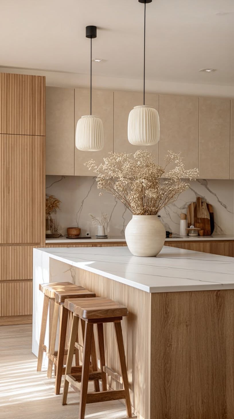 Two white pleated paper lantern pendant lights over a white marble island with a large ceramic vase of dried baby's breath
