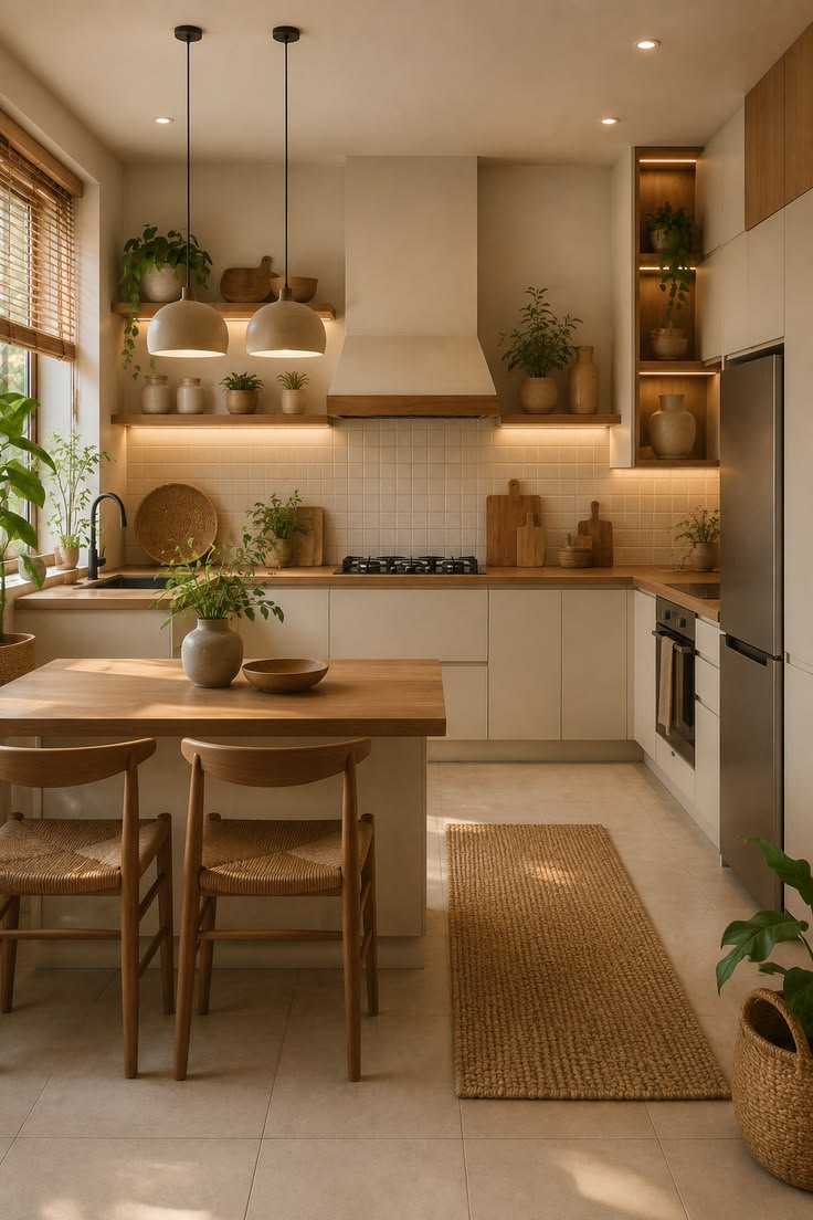 Cozy kitchen with warm wood cabinetry, pendant lights, open shelving and a small wood dining table surrounded by plants