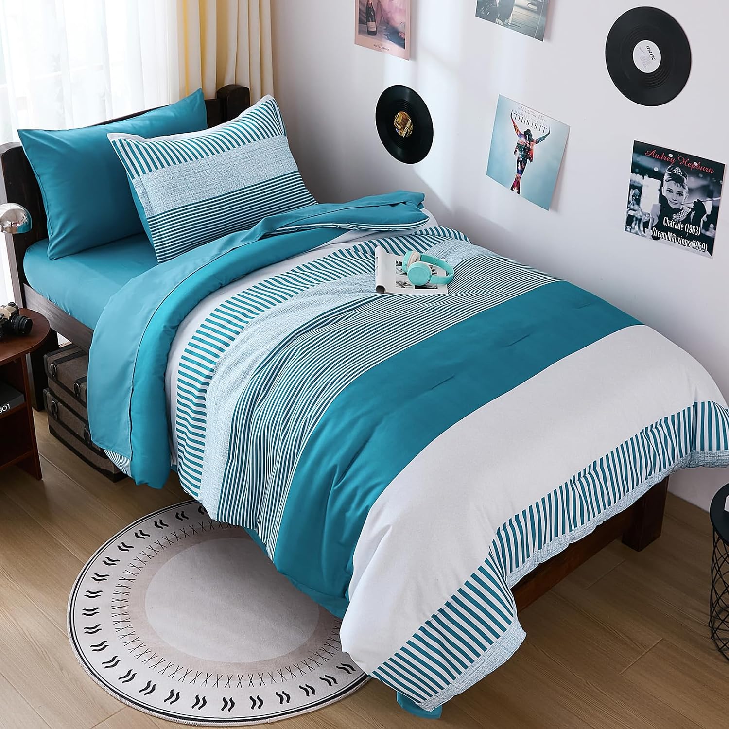 Kids Teal Striped Comforter Set, Twin Size, for Boys and Girls