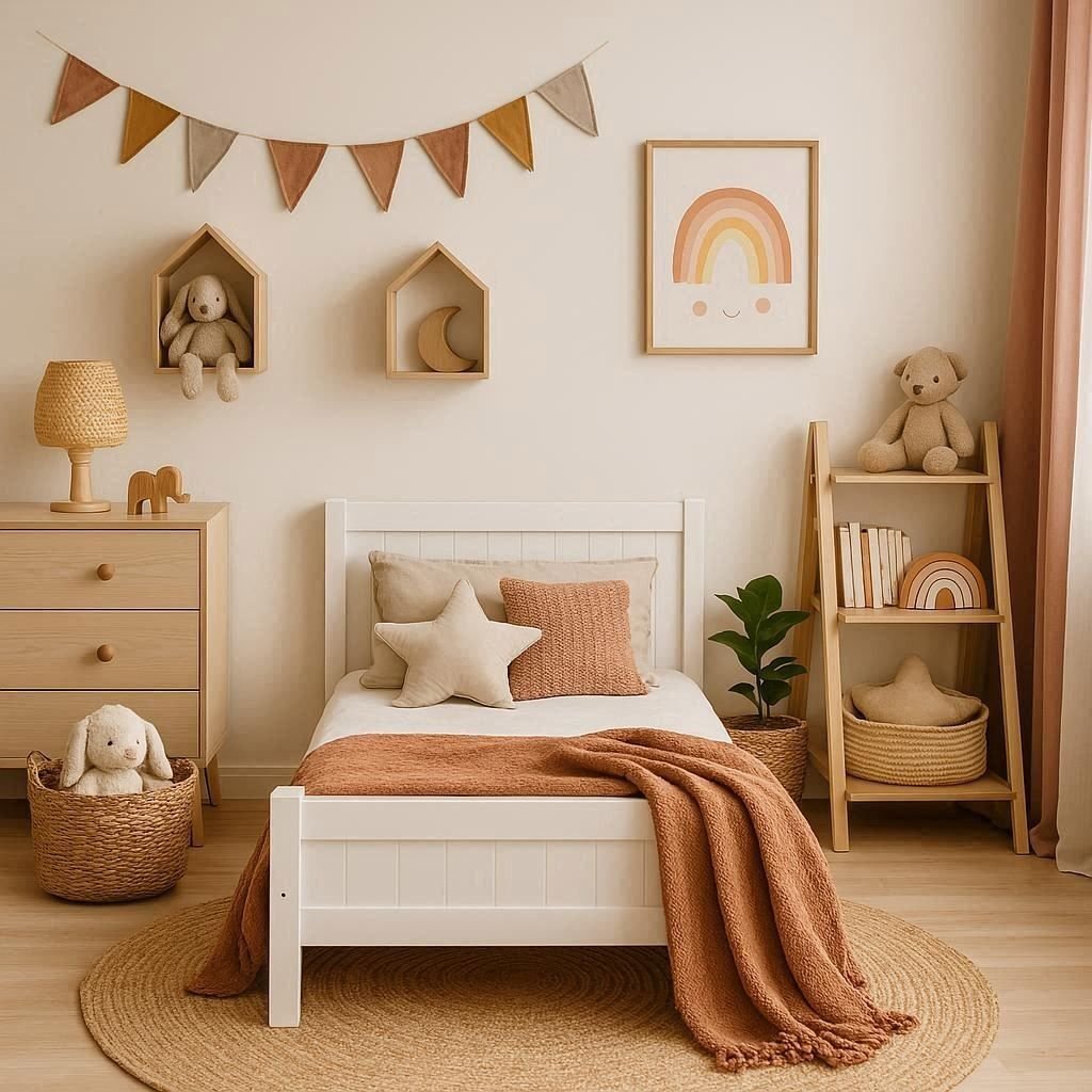 Kids bedroom in terracotta and cream with warm wood tones and boho decor