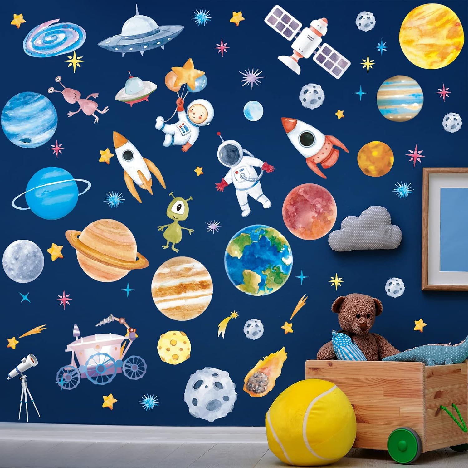 Zonon Outer Space Wall Stickers, 6 Sheets, Rocket and Planet Wall Decals