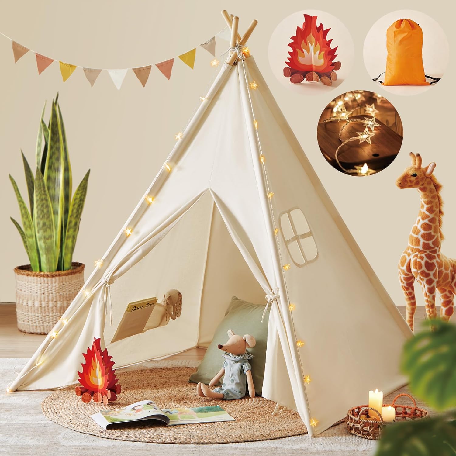 Tiny Land Teepee Tent for Kids with Star Lights and Campfire Toy