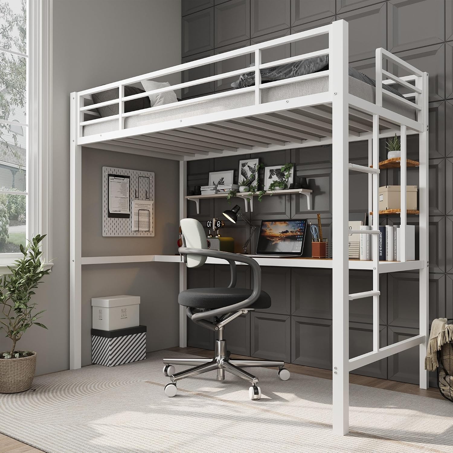 Garvee Twin Loft Bed with Large Desk and 2-Tier Shelves, White and Brown