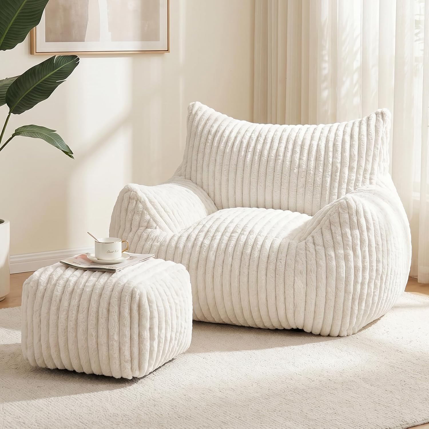 WSOFRLAC Giant Plush Bean Bag Chair with Ottoman, Cozy Fluffy Cloud Couch, White