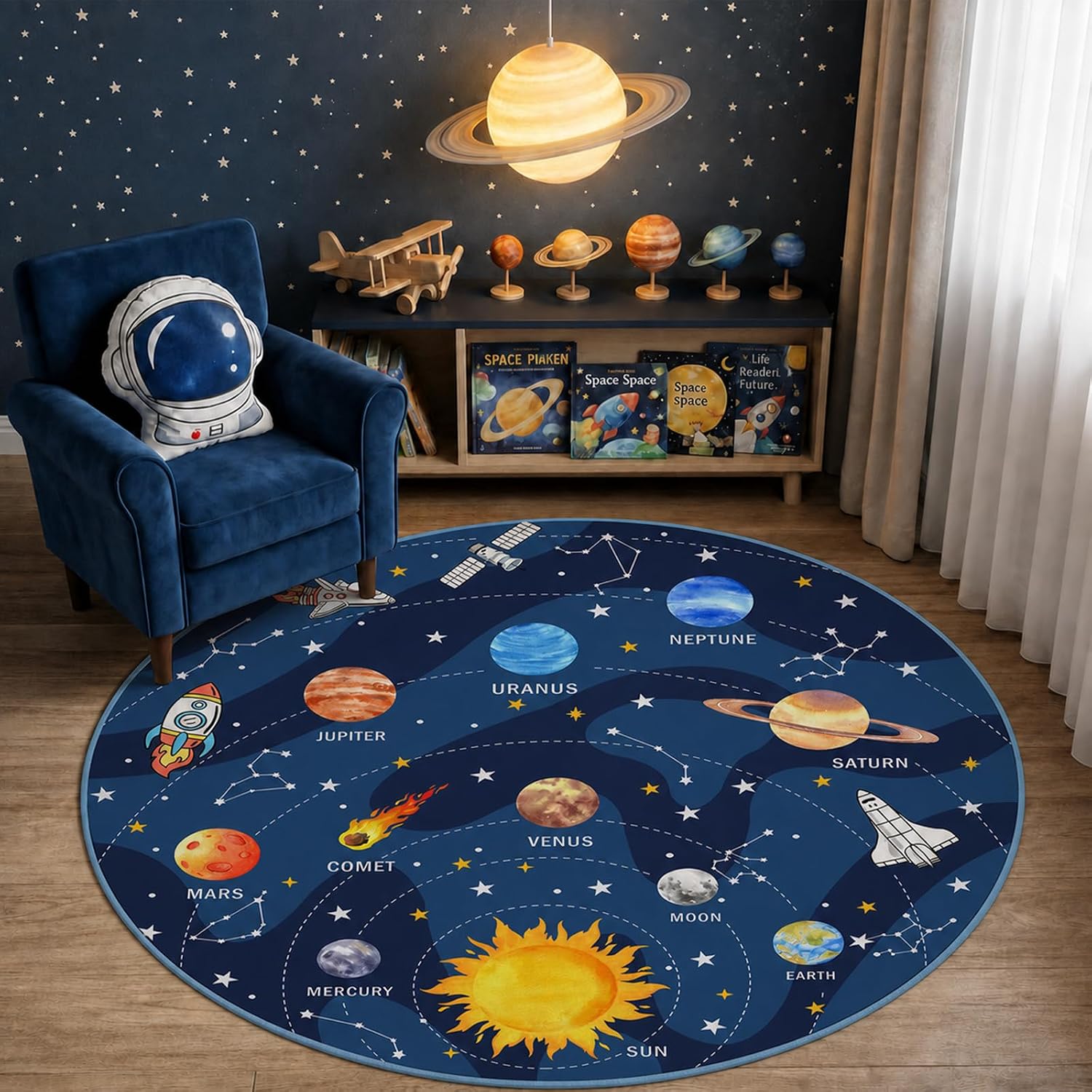 Round Outer Space Kids Rug, 3 Ft 3 Inch, for Boys Room and Playroom