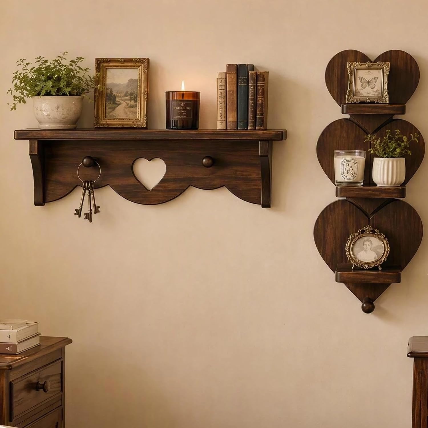 80s Vintage Heart Shelf Set of 2, Solid Pine Wood, Walnut Finish
