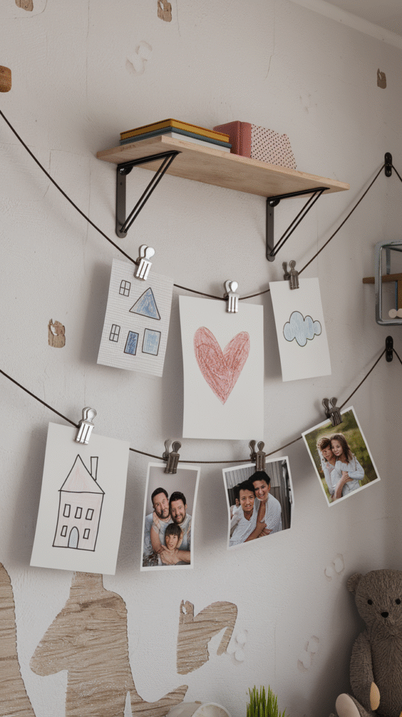 Kids' drawings and family photos clipped with clothespins to lengths of wire strung across a bedroom wall, with a small wood shelf holding books above