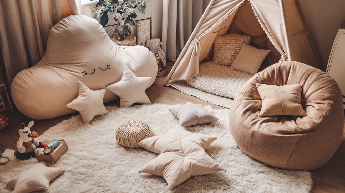 Cozy neutral kids playroom corner with a cloud-shaped bean bag, star cushions, a fabric teepee tent, a knit pouf and a shaggy white rug