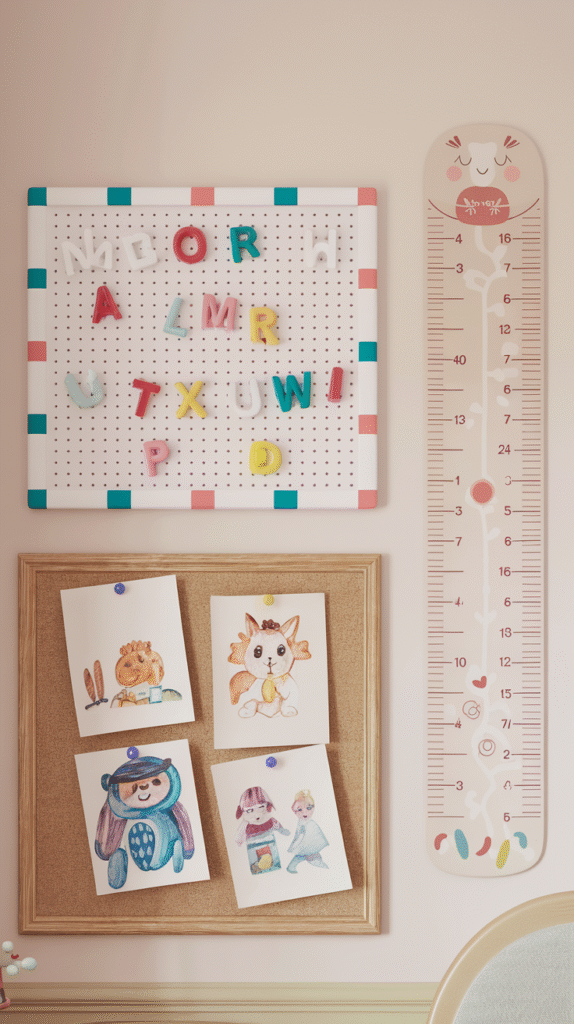 Pegboard with colorful letters, a corkboard pinned with kids' drawings and a growth height chart decal mounted on a bedroom wall