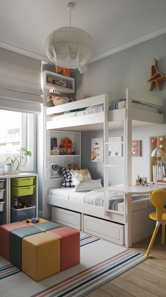 White bunk bed with built-in drawers and desk underneath, colorful stacked ottomans and open shelving in a kids bedroom