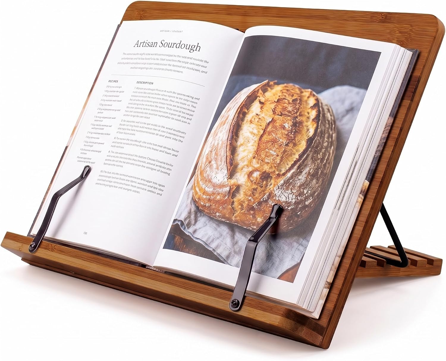 Bamboo Cookbook Stand Large, Adjustable Book Holder Tray and Page Paper Clips - Walnut Color Large - 4-Position Recipe Book Stand Holds Thick Books for Kitchen Counter, Reading, Studying - Foldable