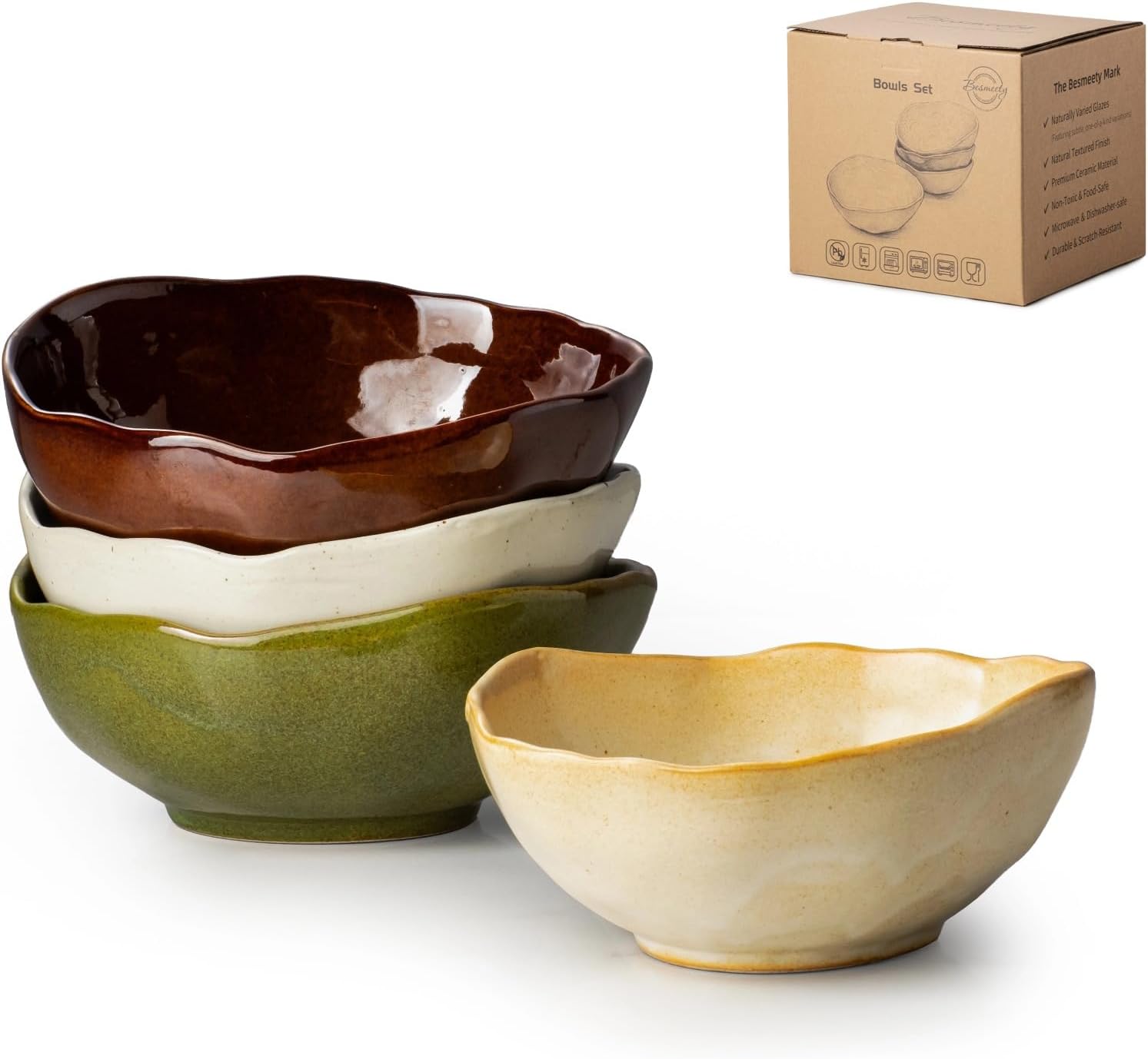 Besmeety 18 oz Cereal Bowls Set of 4, Soup Bowls for Kitchen, Stoneware
