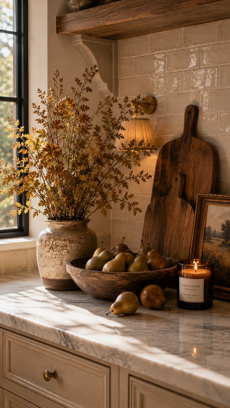 Layered kitchen counter vignette with varied heights and textures